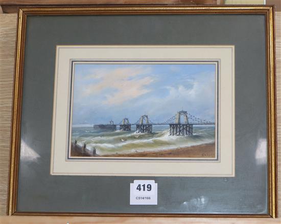 William Henry Earp, watercolour and gouache, The Old Chain Pier at Brighton, signed, 14 x 21cm